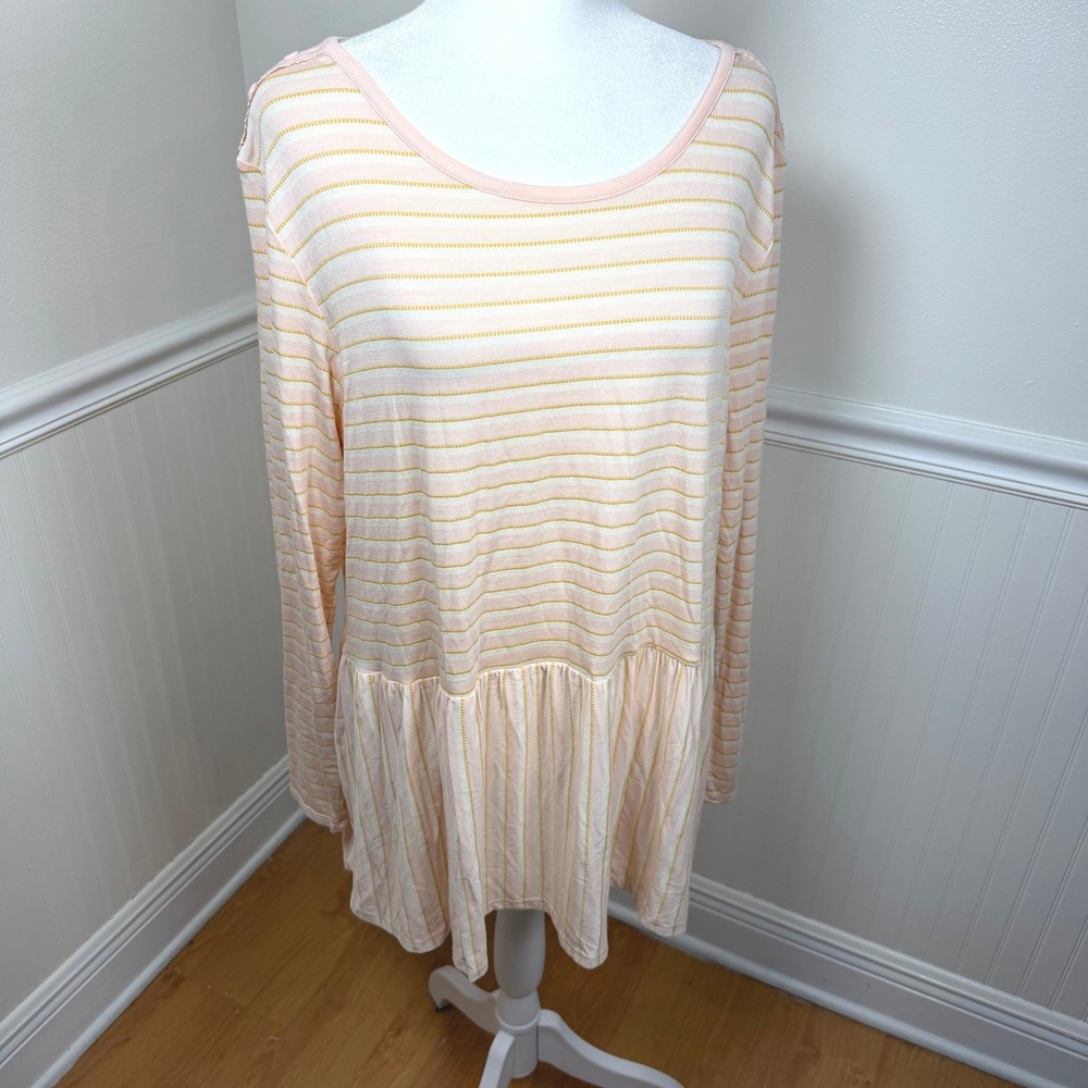 Matilda Jane Tunic Top Women XL Pink Yellow Striped Peplum Long Sleeve 31602T
